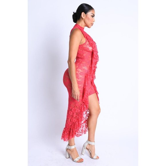 Women's Ruffle Detailed Lace High-Low Dress See Through Party Dress - Picture 4 of 9